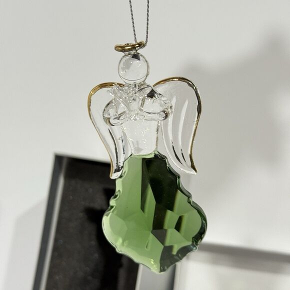 Glass Angel Ornament Green Crystal Gold Trim Praying Figurine Gift Boxed - Picture 4 of 16